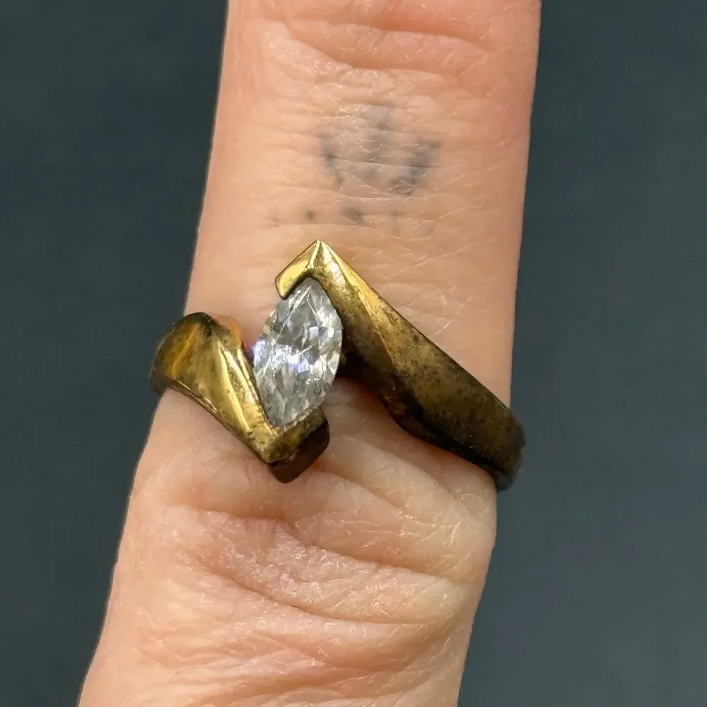 Vintage Marquise Bypass Ring Central Stone Gold Tone